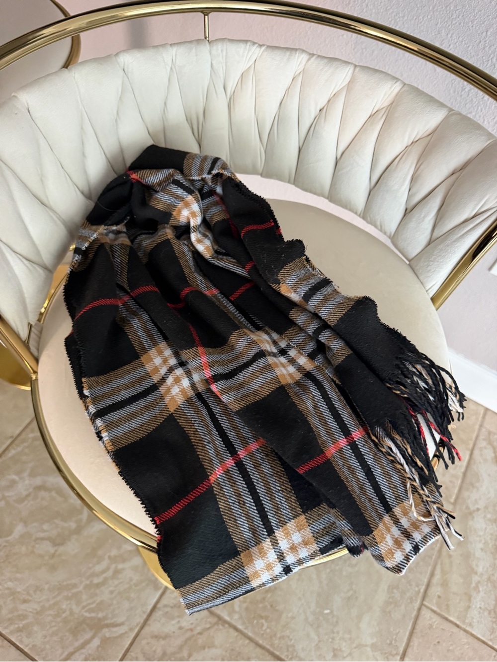 Black Plaid Fringe Scarf - Womens Accessories